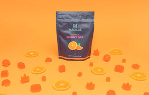 Magical Orange Gummy Mix Bag with Gummies on Orange Countertop