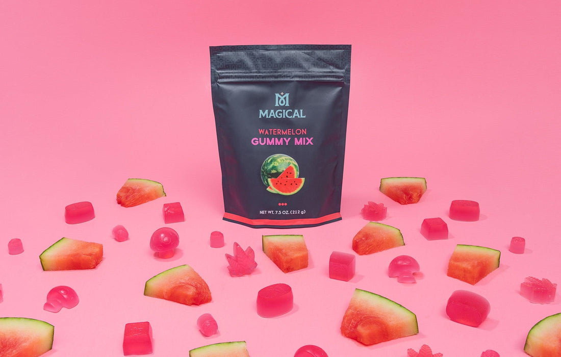 Magical Watermelon Gummy Mix Bag with Gummies on Pink Countertop