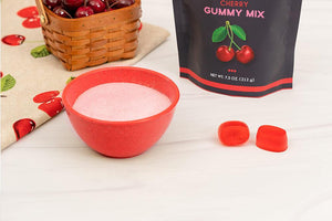 Magical Cherry Gummy Mix Bag with Gummies on Marble Countertop