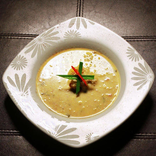 Lobster Roasted Corn Chowder with Truffle Oil and Crispy Pancetta